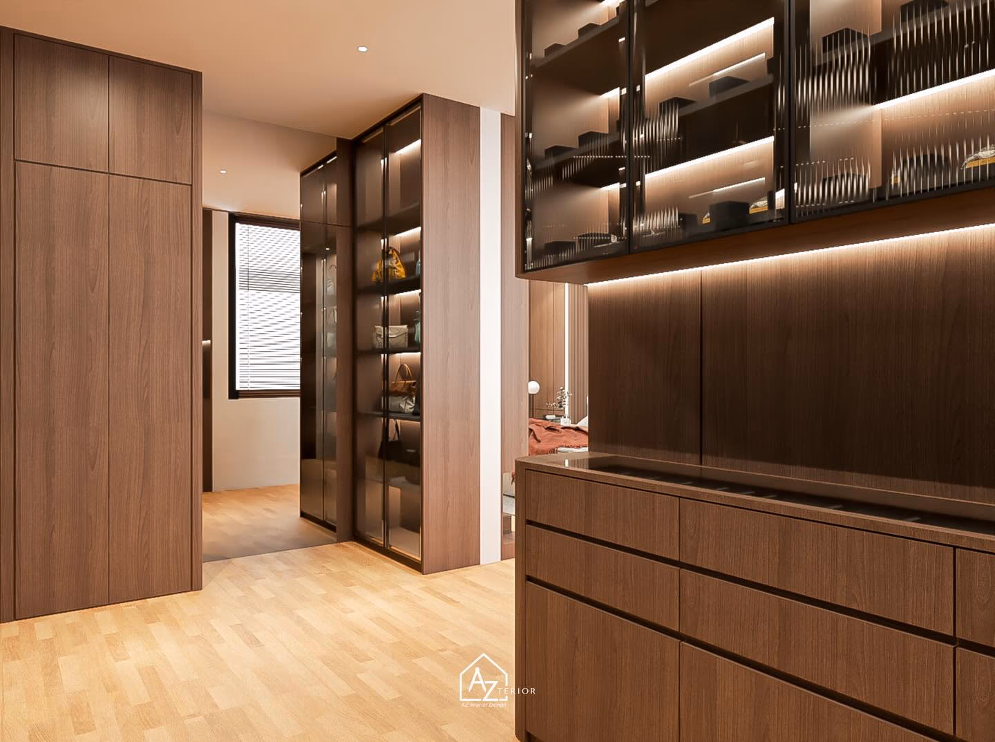 Walnut drawer banks and glass-fronted wardrobes in a dressing room, the bed framed in the doorway
