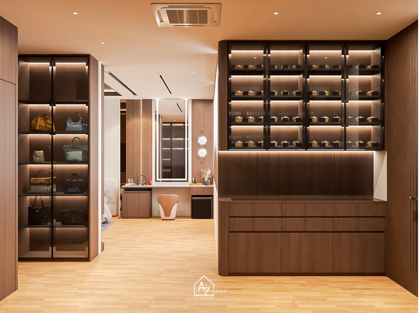 A lit display wall of watches and handbags behind smoked glass, above walnut drawer banks