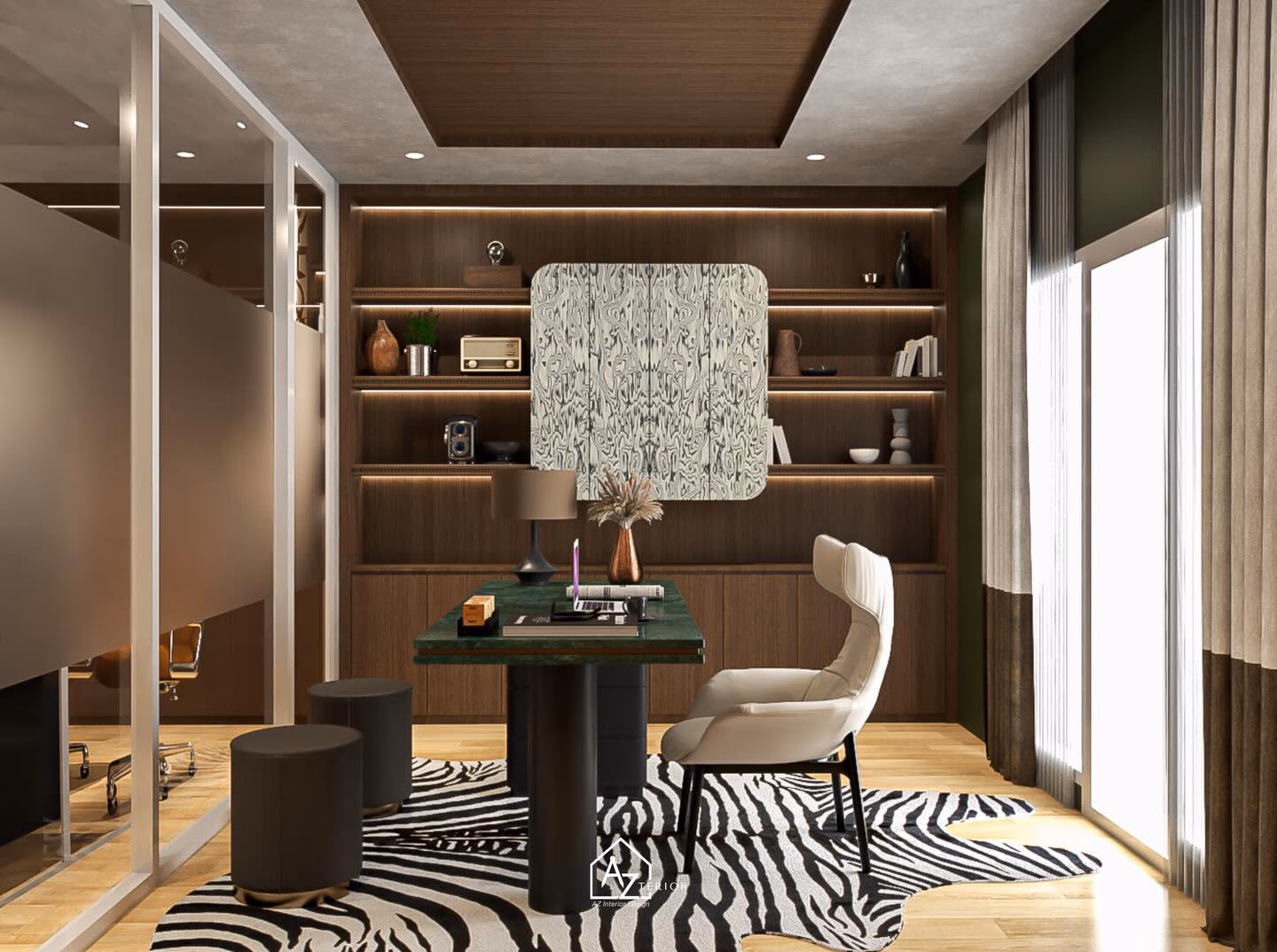 The same office from the glazed partition, lit walnut shelving carrying a marbled panel behind the desk