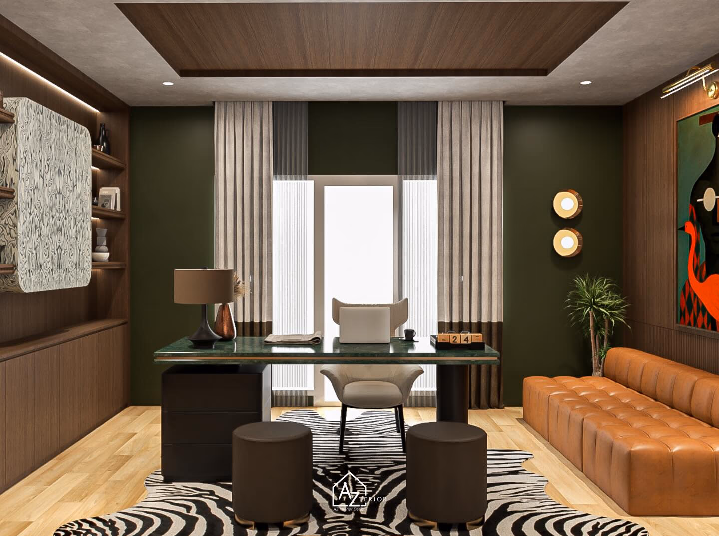 A director's office in forest green, with a green marble desk, leather bench and hung artwork