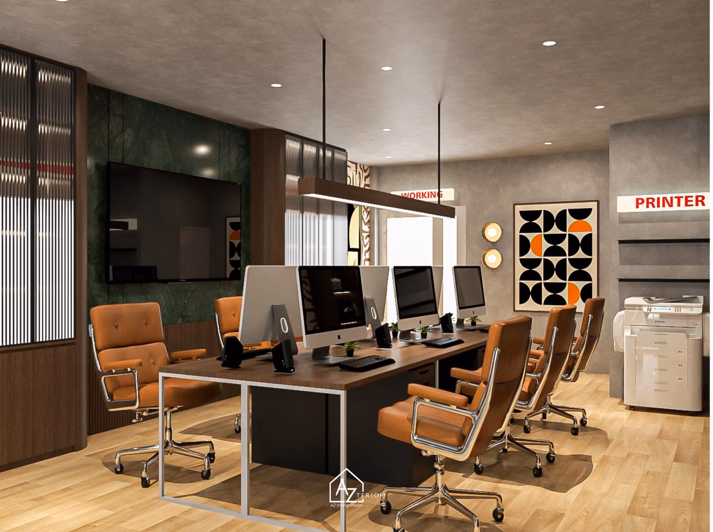 The working floor — a shared bench desk in tan leather task chairs, against a green marble media wall