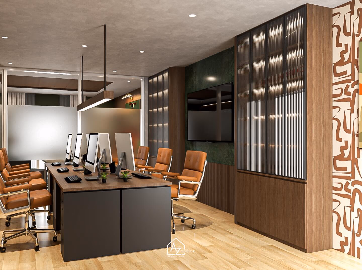 The working floor from the other end, a reeded-glass and walnut storage tower closing the view