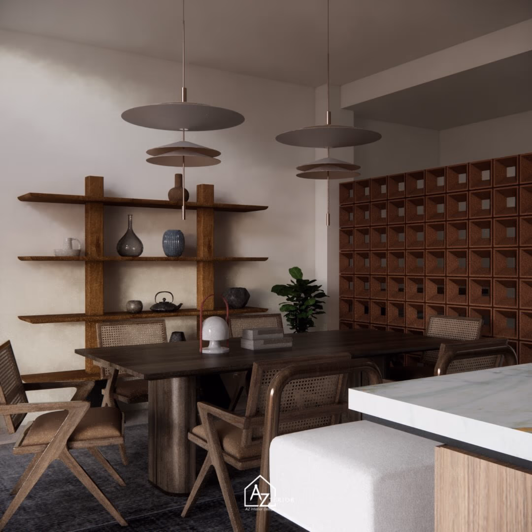 The dining end, open timber shelving and a terracotta breeze-block screen under two disc pendants