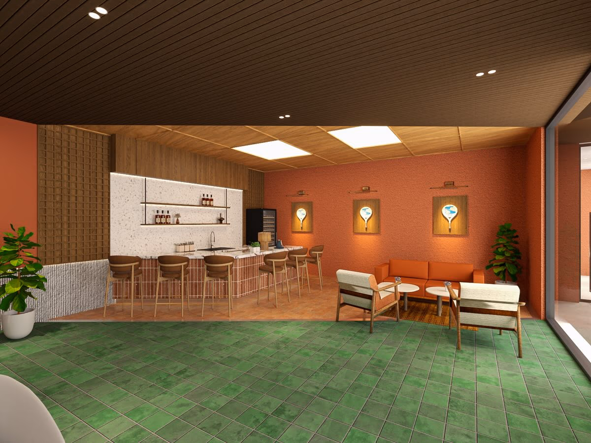 The bar under a slatted timber ceiling, terrazzo splashback and framed rackets on rendered terracotta
