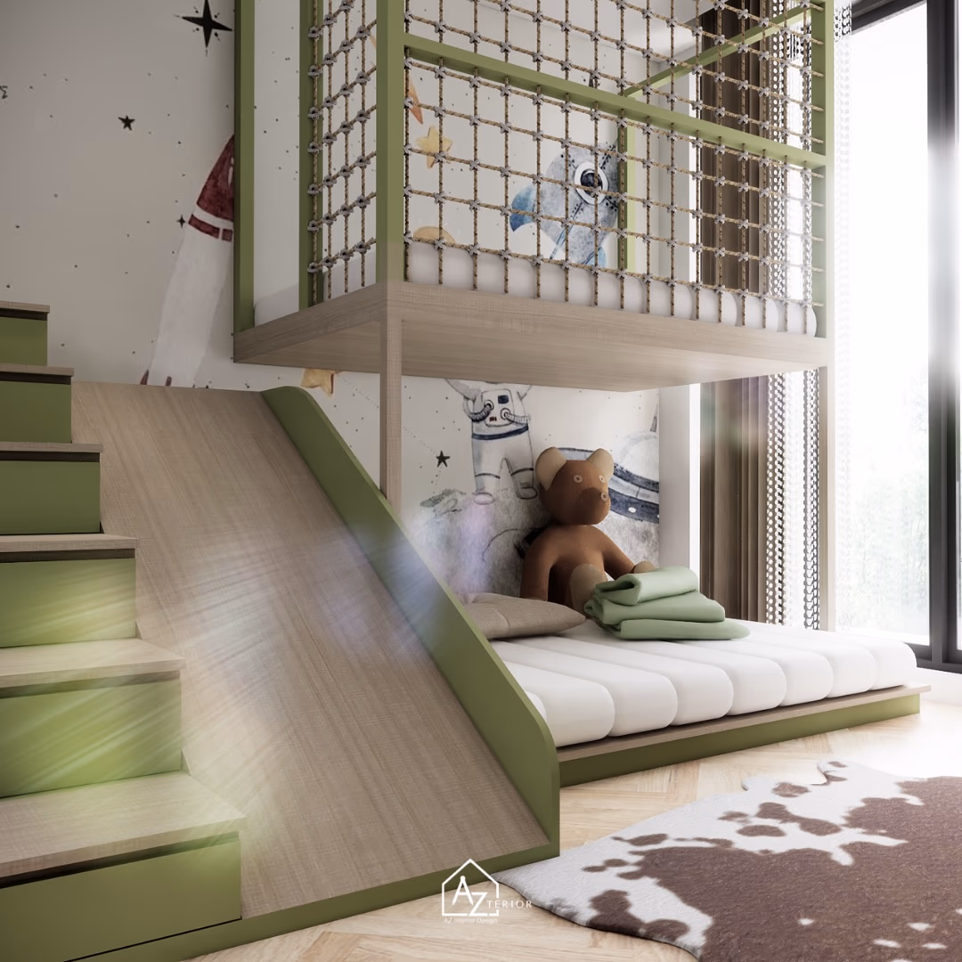 The slide running down the other side of the bunk, the lower berth tucked beneath against the window