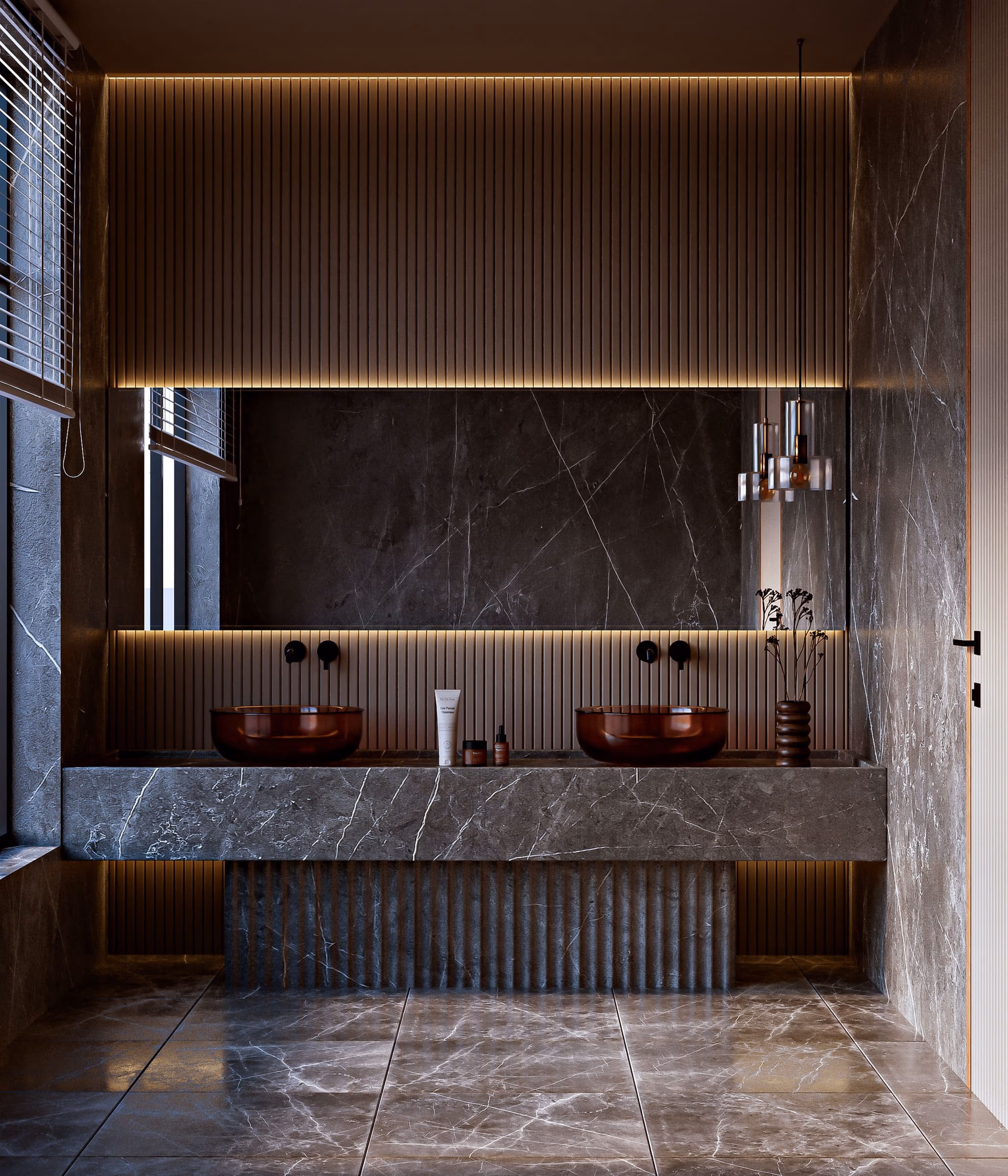 Bespoke fluted joinery and a solid stone counter, made for the room they stand in